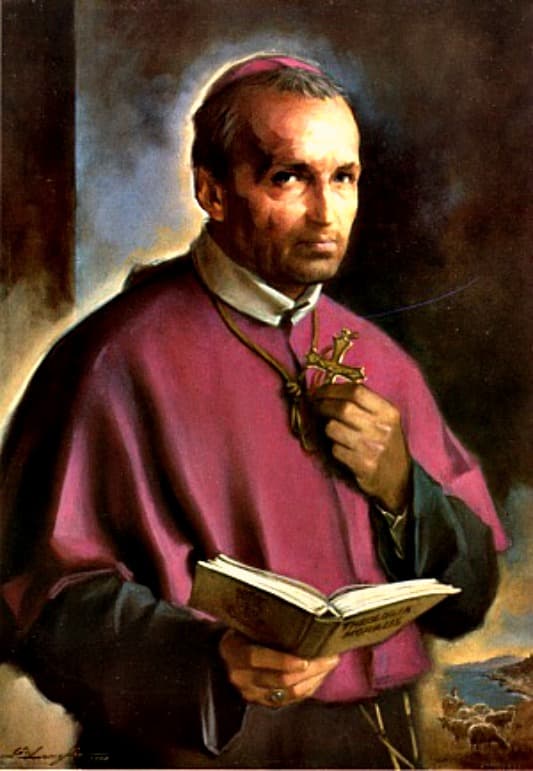 Portrait of Saint Alphonsus Liguori in red robes holding a bible and rosary